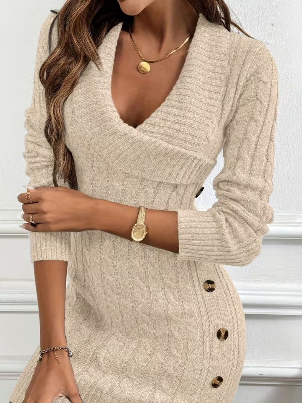 Women's Cable-Knit V-Neck Dress